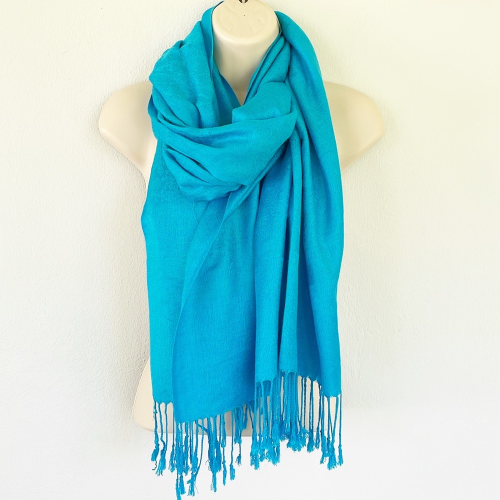 Pashmina silk bright blue paisley woven tassel scarf one size